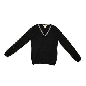 MAINBOCHER Pure Cashmere Sweater V-Neck Long Sleeve Black W/Rhinestones Sz Small